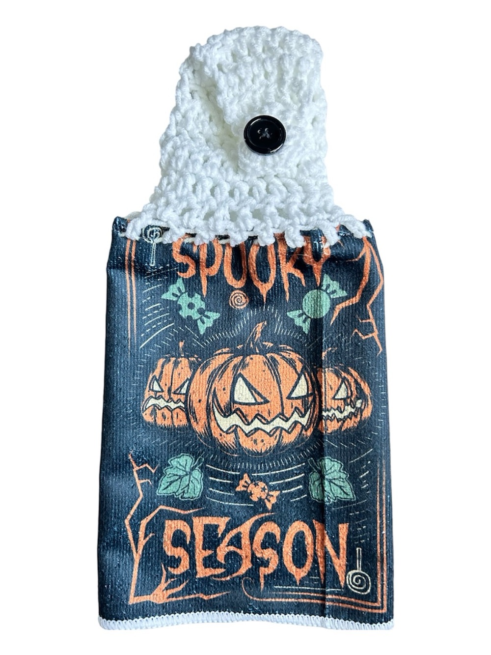 Hand Crafted Halloween Spooky Season Pumpkin Hanging Hand Towel - Black & Orange - Picture 4 of 7